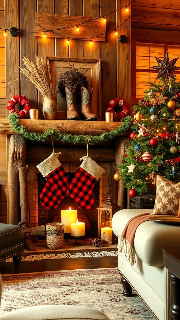 Western-themed Christmas decor with plaid stockings, cowboy boots, and a decorated tree in a rustic living room.